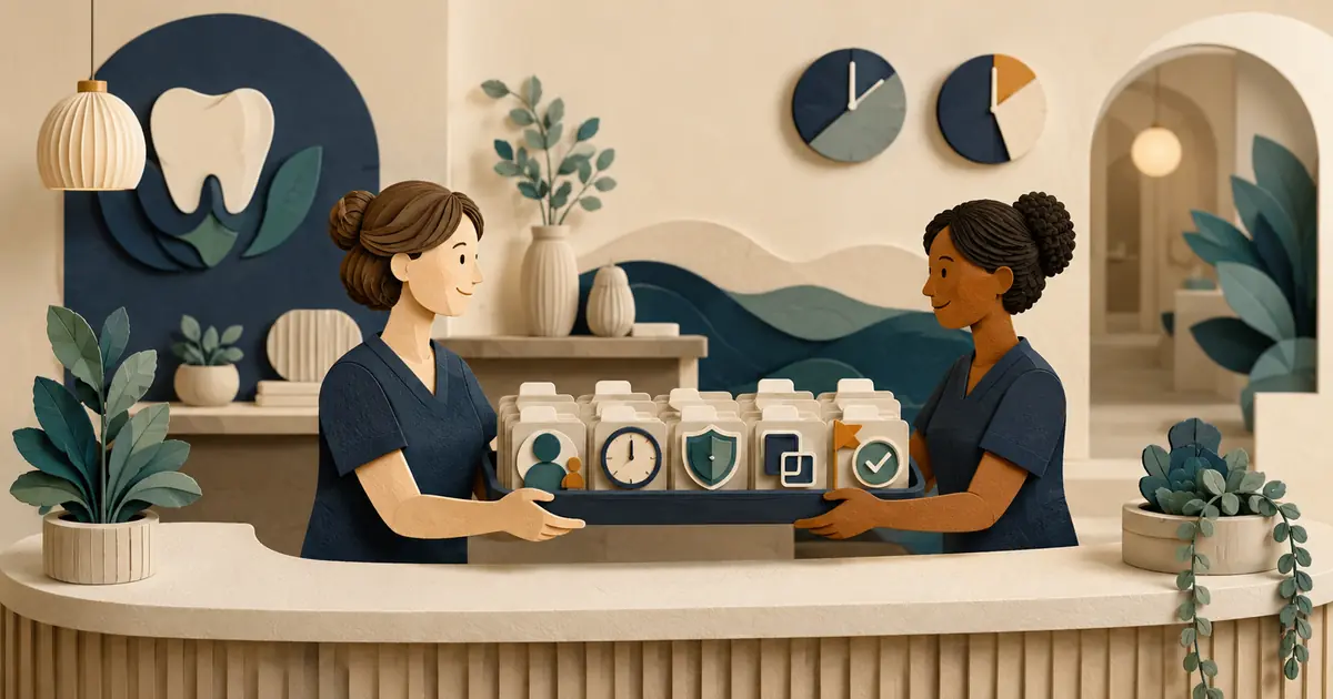 Two dental front desk employees reconcile open patient calls, owners, due times, exceptions, and closure at shift change.