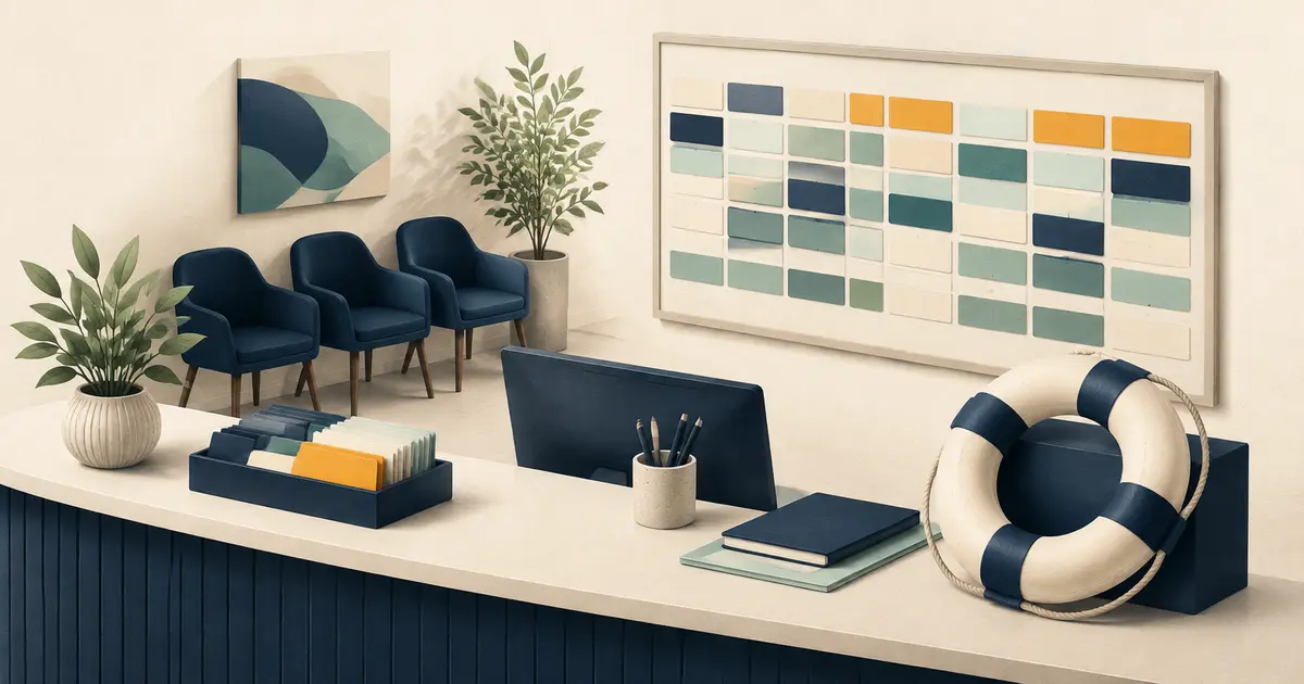 Dental office manager balances a reduced staffing board with patient check-in, ringing phones, message queues, cross-training, and backup coverage.
