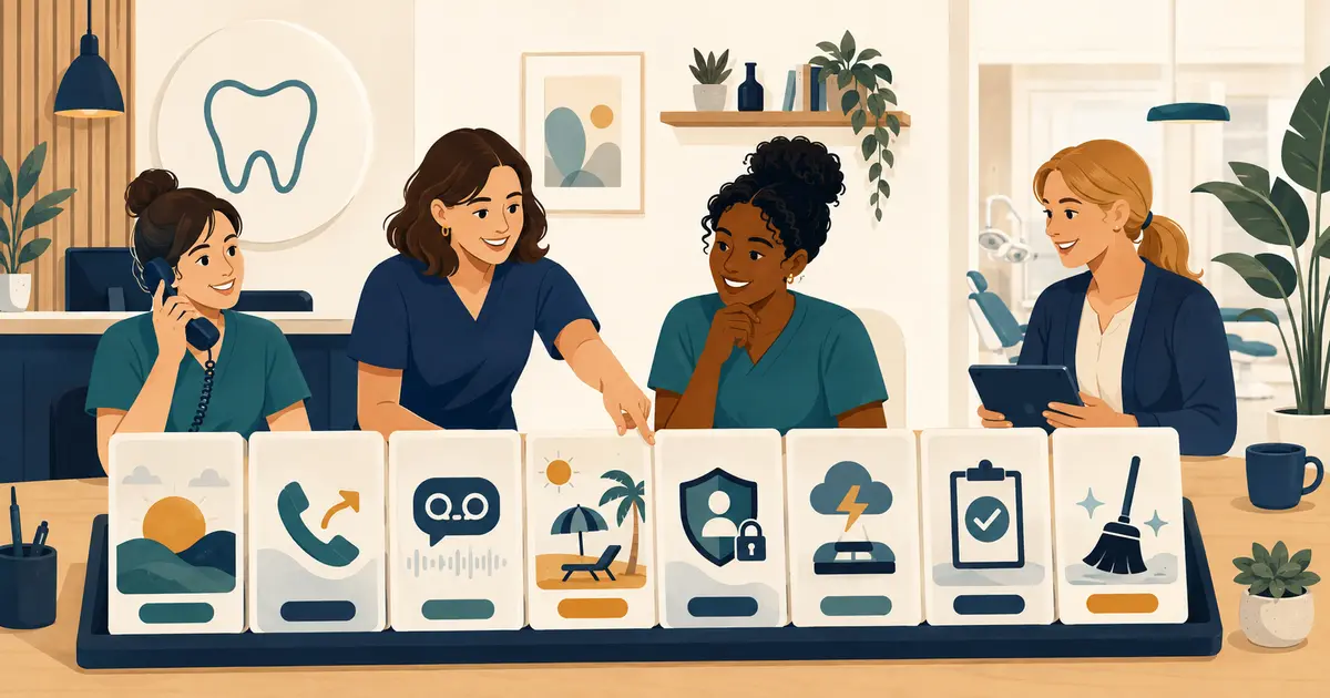 Dental front desk trainer coaches a new employee with call scenarios, office workflows, checklists, and a structured learning plan.