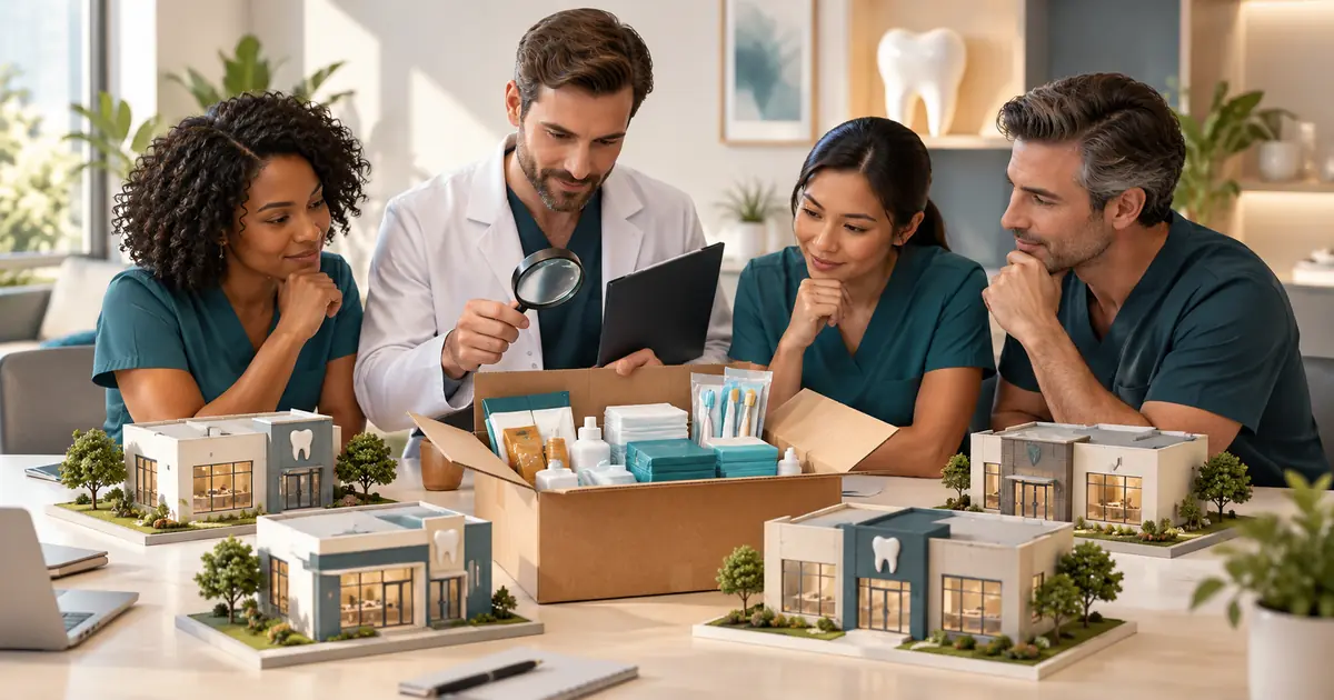 Several small dental office models share a supply box while an owner reviews the terms.