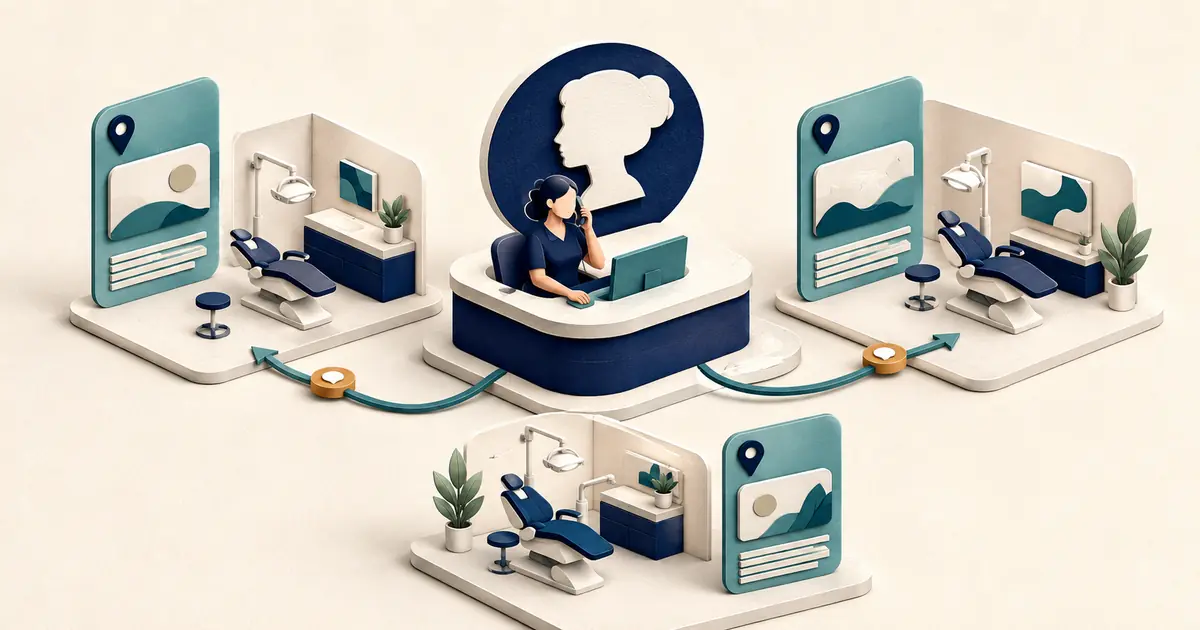 Dental group manager routes shared receptionist coverage through location identification, approved facts, overflow, warm handoff, callbacks, access, and reconciliation.
