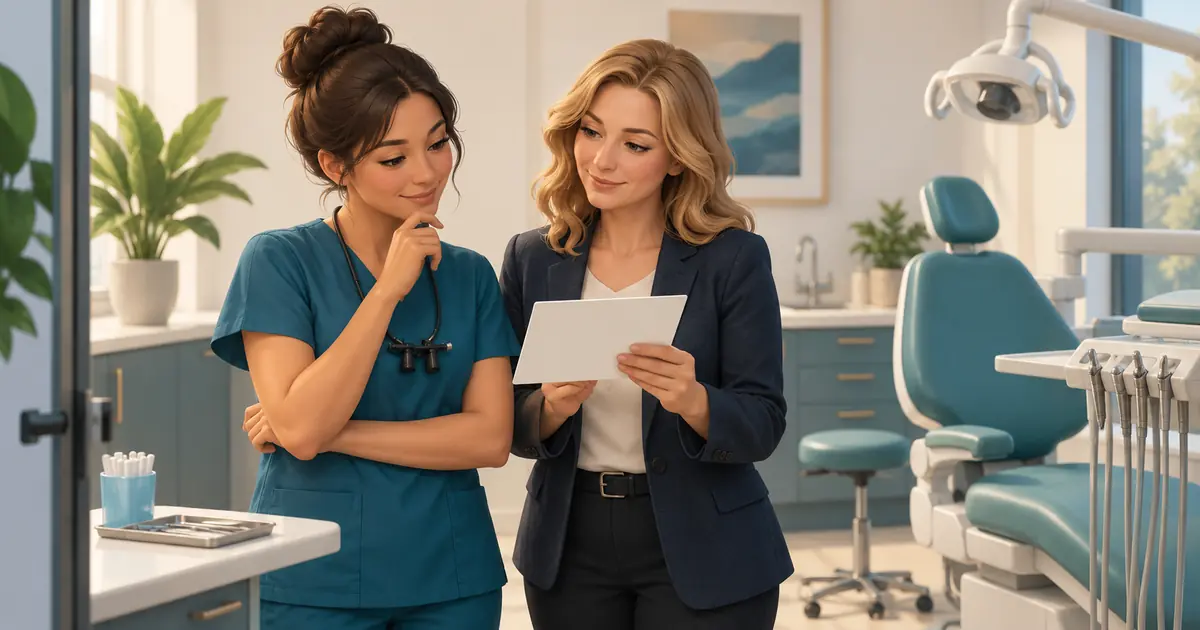 A dental hygienist and office manager review a blank role card beside an unused operatory.