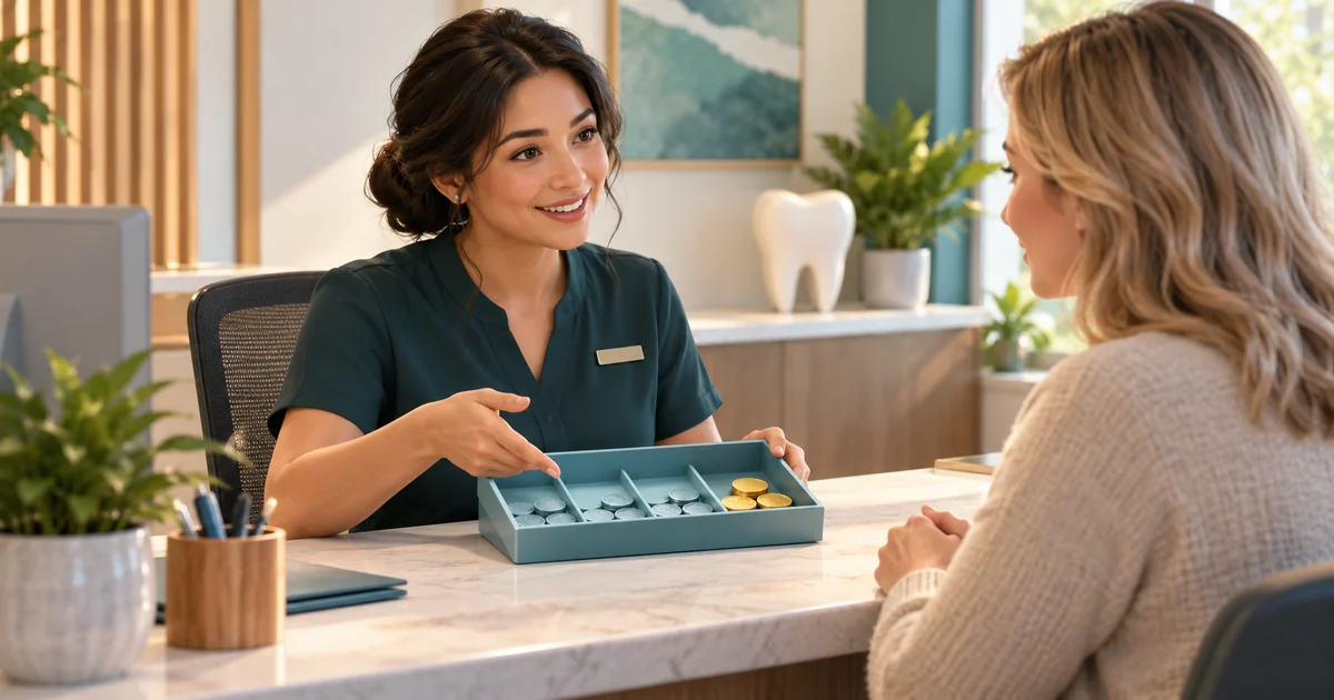 A receptionist explains a benefits allowance using a partially filled tray and separate pending tokens.