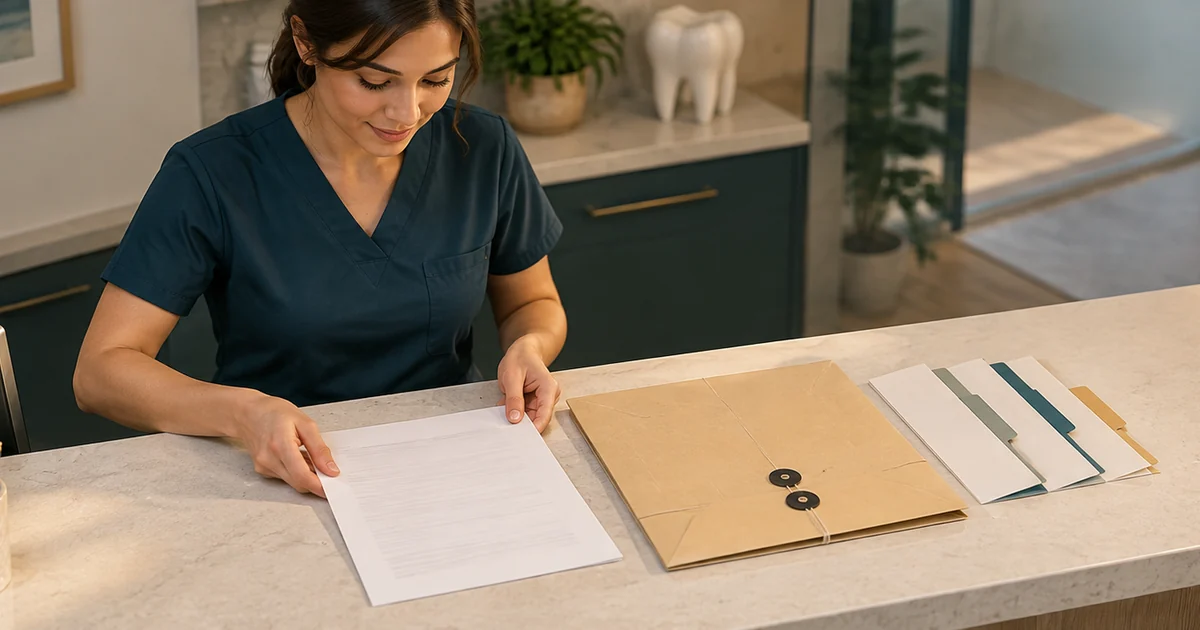 A letter, claim folder and attachment tabs are arranged on a reception desk.