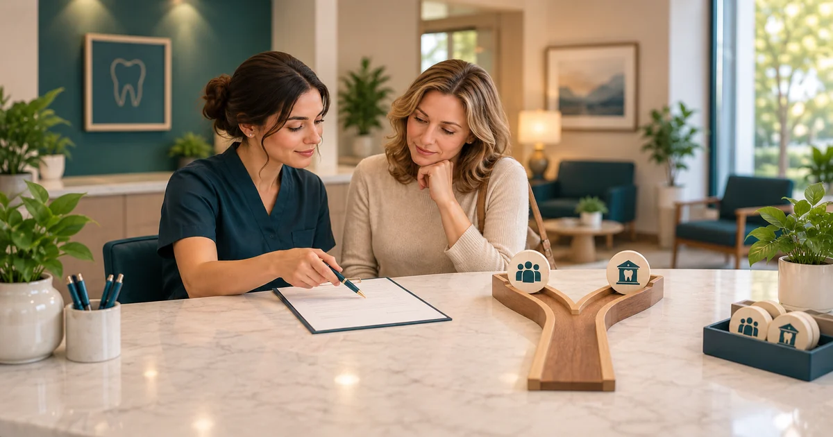 A receptionist and patient review an authorization page beside a forked payment-path model.