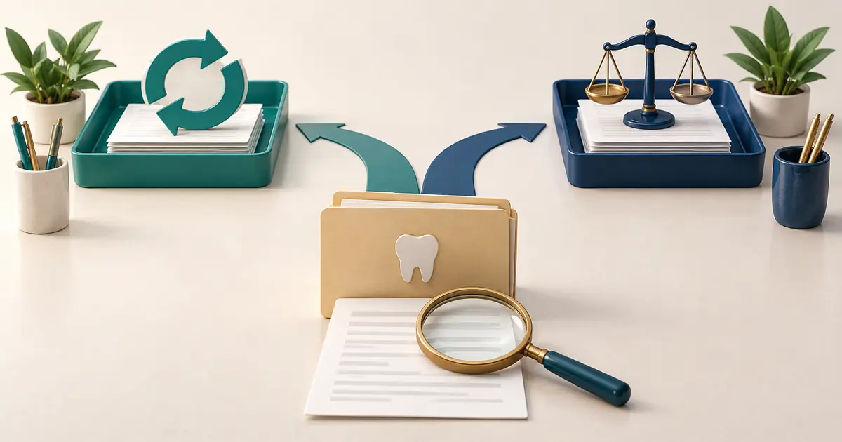 A dental insurance folder at a fork between two distinct trays, with a magnifier over an unmarked document.