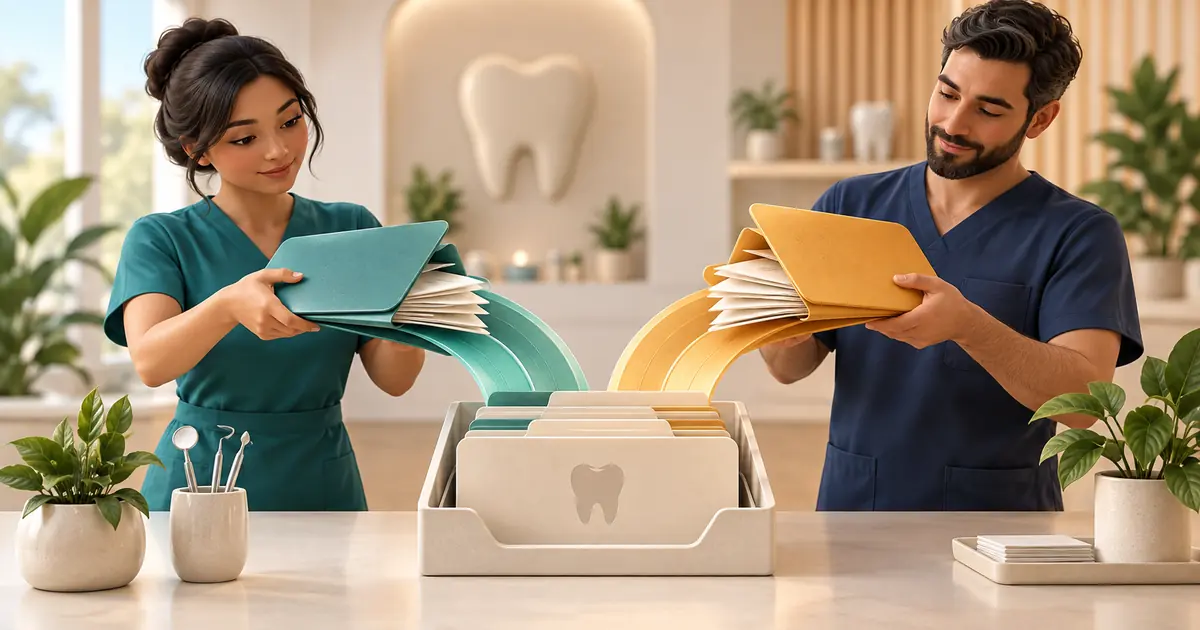 Two insurance folders feed into one orderly patient account tray, with distinct teal and amber pathways.