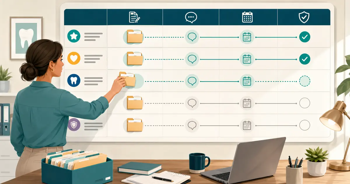 Dental office manager tracks provider applications, payer responses, effective dates, and missing documents on a credentialing board.