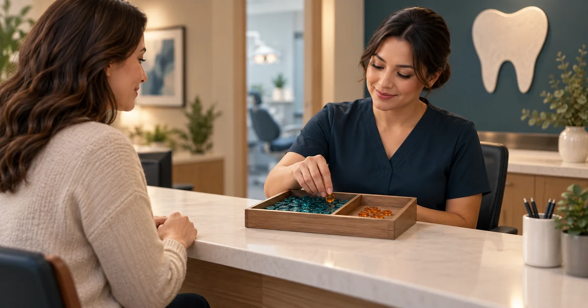 A receptionist separates amber and teal tokens in a divided tray for a patient.