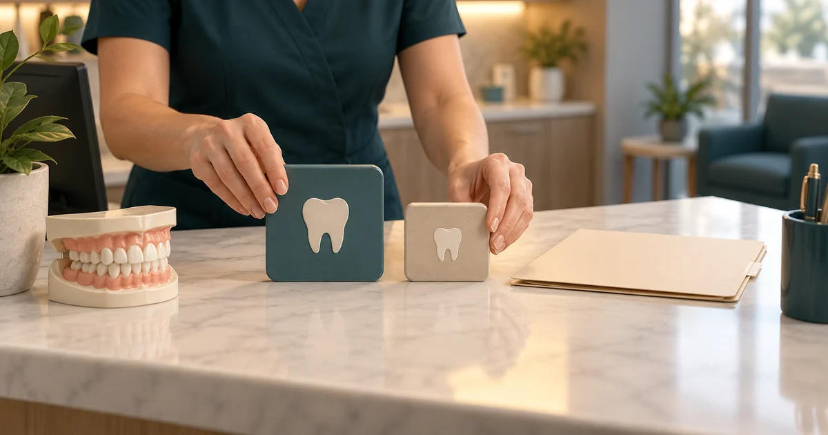 Two differently sized benefit tiles sit beside a dental model and an estimate folder.