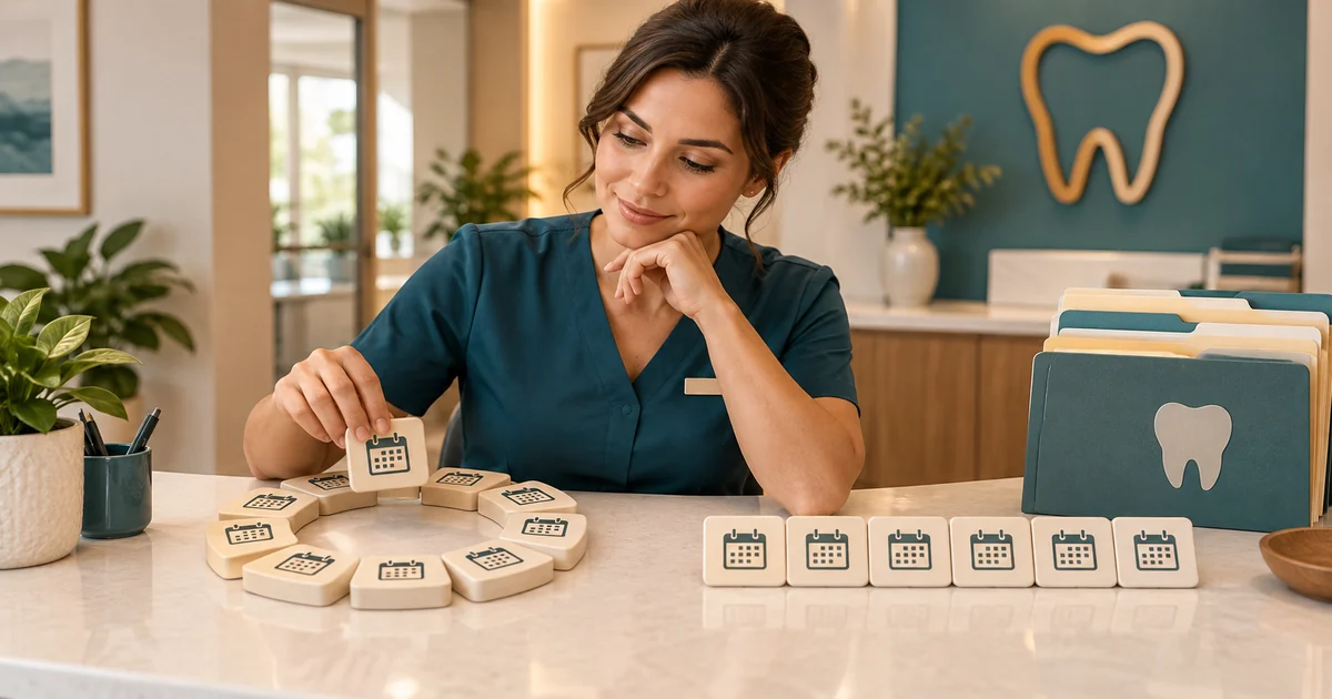 A receptionist compares two arrangements of date tiles beside benefit folders.