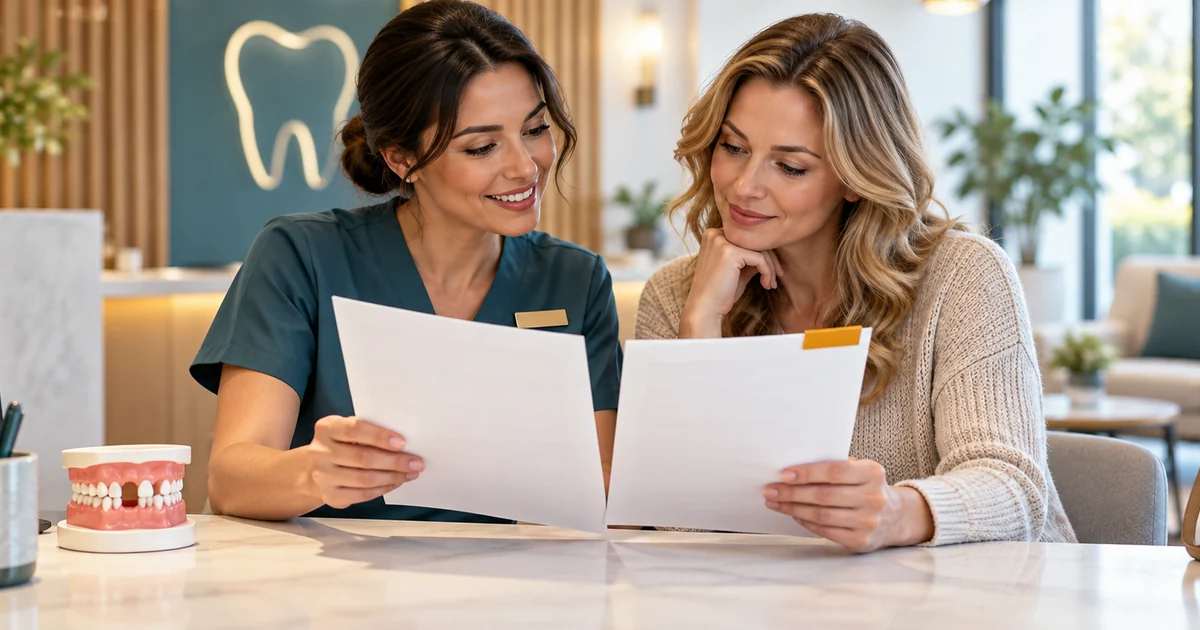 A receptionist reviews benefit documents with a patient beside a small dental model.