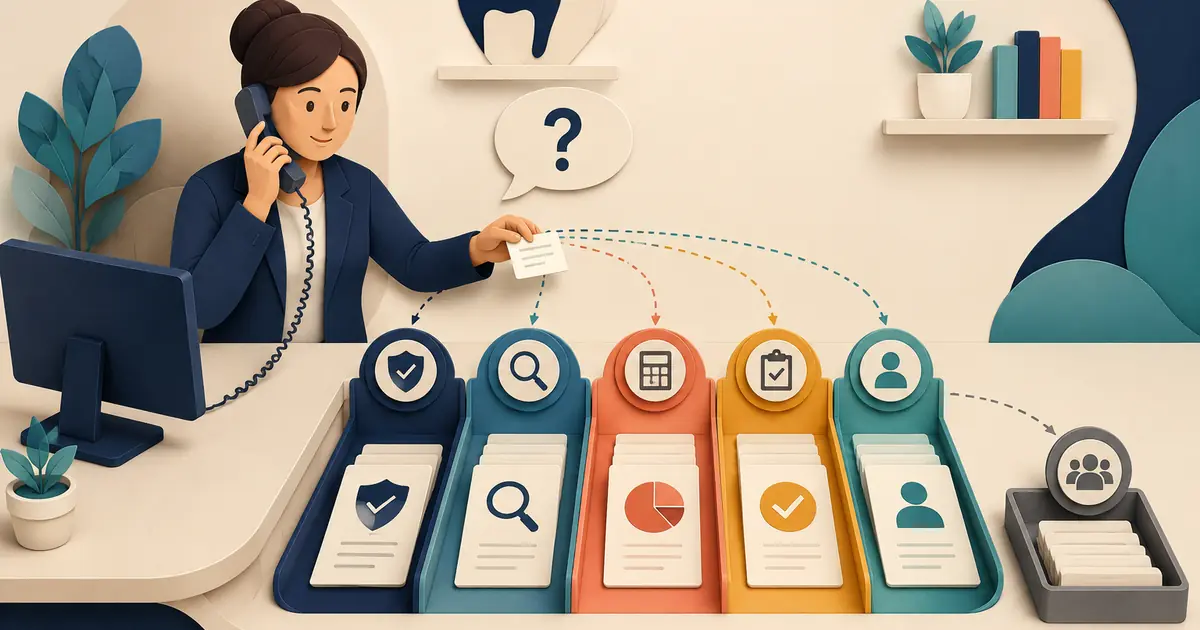 Dental receptionist separates general plan participation, benefit verification, treatment estimates, patient responsibility, and assigned follow-up.