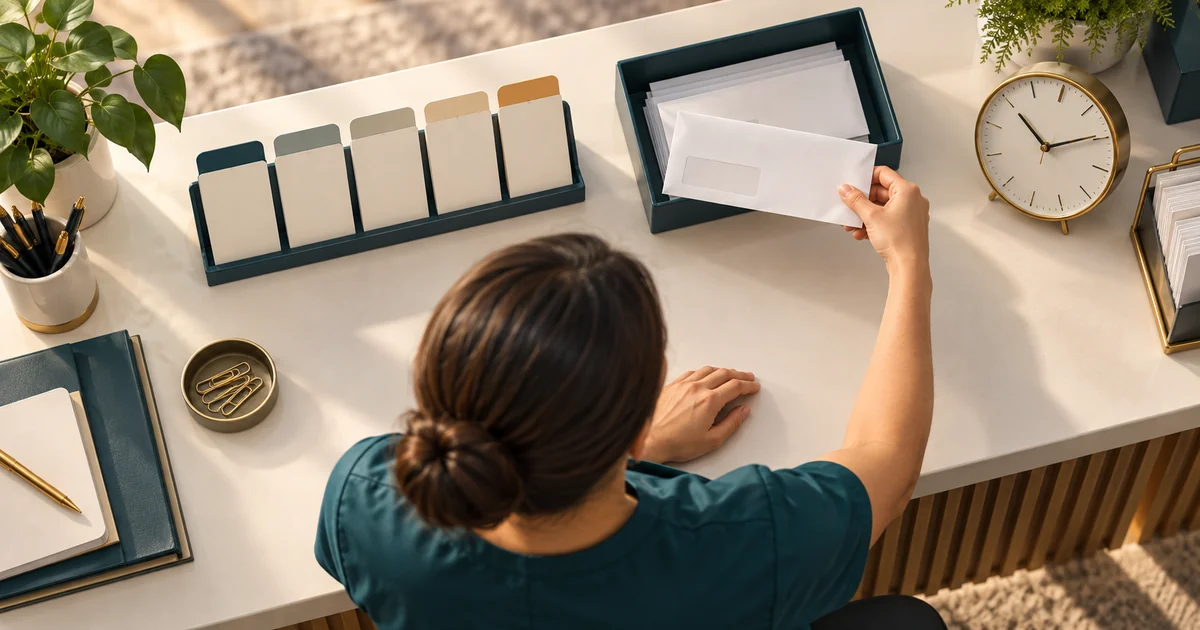 A claim envelope, receiving tray, clock and date tabs are arranged on a front desk.