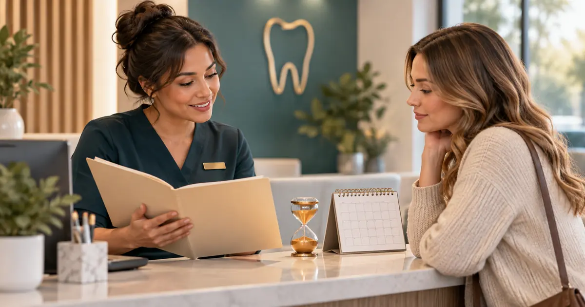 A front desk employee reviews an insurance folder beside a calendar and hourglass.