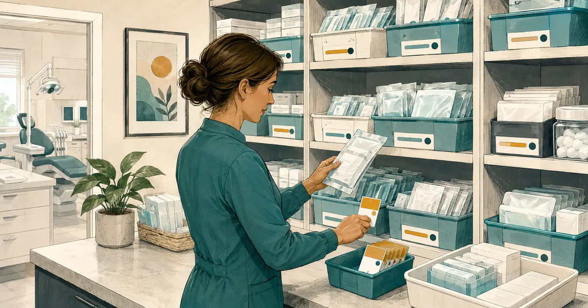 Dental supply room uses labeled two-bin storage, par-level cards, expiration rotation, receiving checks, and a cycle-count board.
