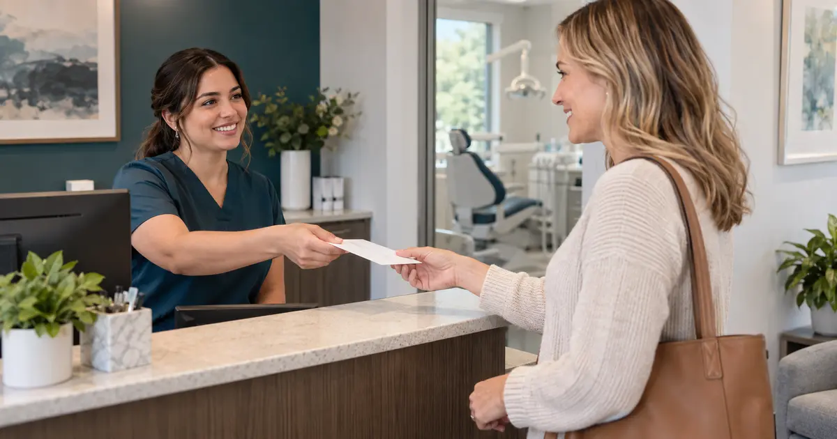 A receptionist hands a receipt to an adult patient across the dental office counter.