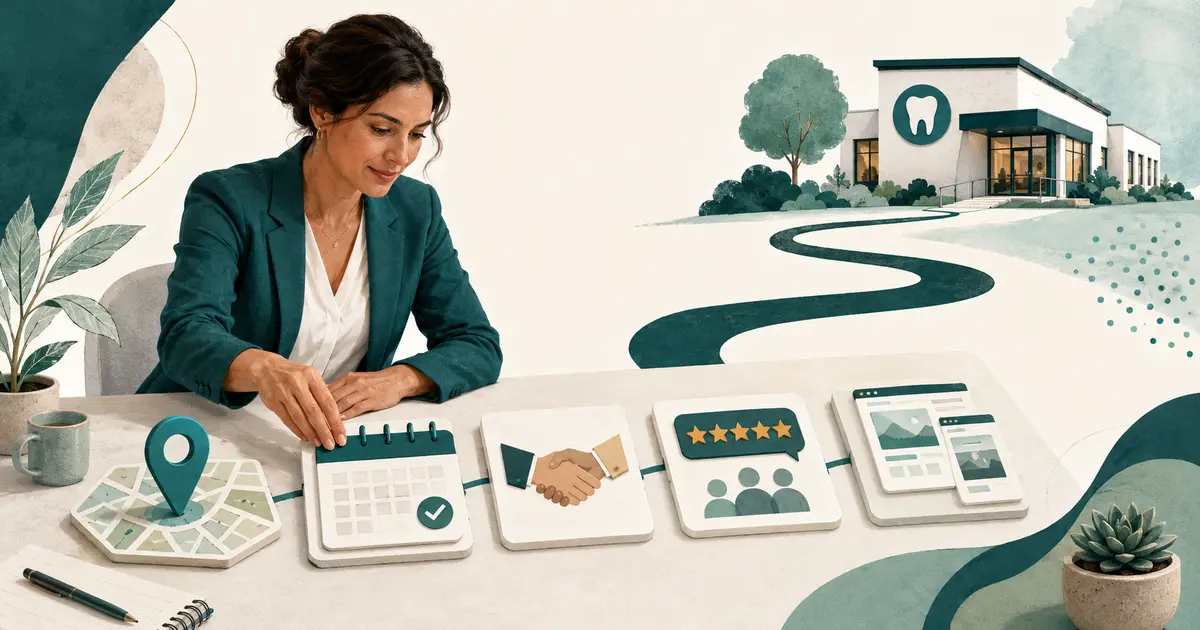 Dental practice owner maps local search, patient education, referral, review, and follow-up marketing channels on a wall planner.