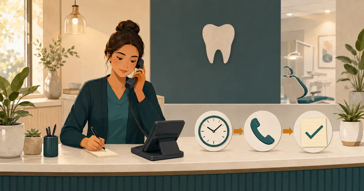 Dental front desk team member returns a call beside a three-step timing, callback, and outcome workflow.