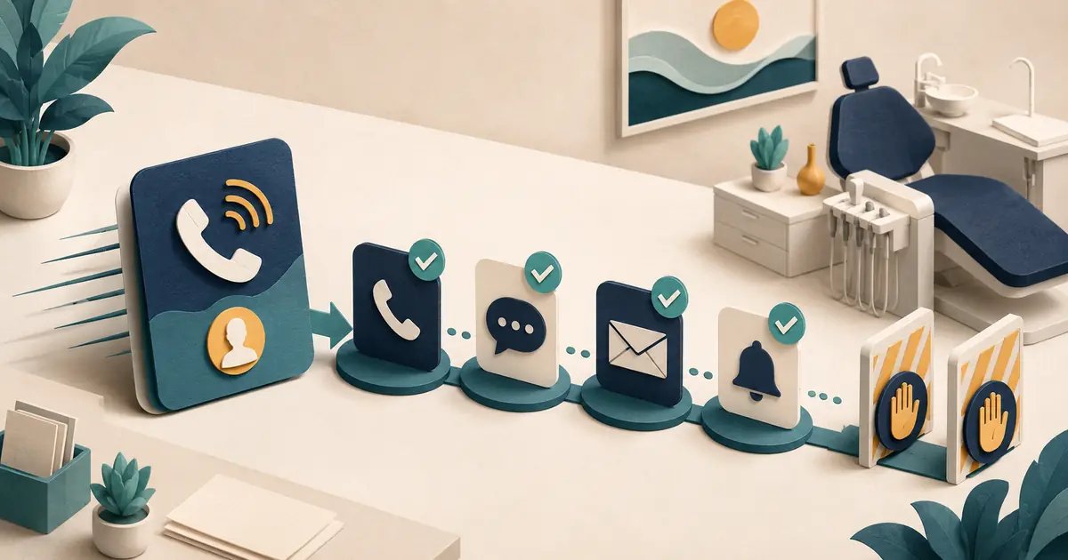 Front desk team follows a multi-attempt missed-call plan with prioritization, callback, voicemail, optional text, opt-out, duplicate control, reassignment, and closure.