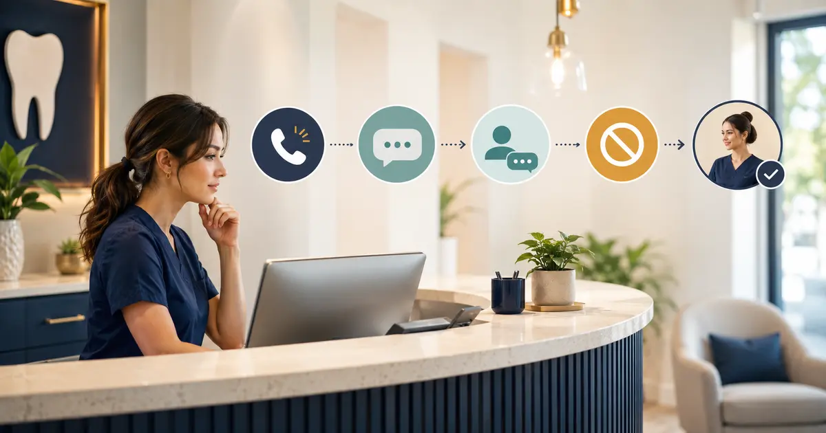 Dental front desk reviews a missed-call text, patient reply, opt-out signal, and assigned callback in one controlled workflow.