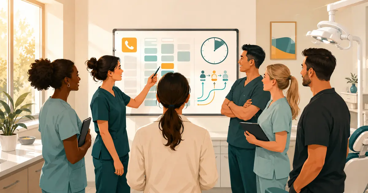 Dental office manager leads a standing morning huddle around a 15-minute agenda with schedule risks, patient needs, capacity, and assigned actions.