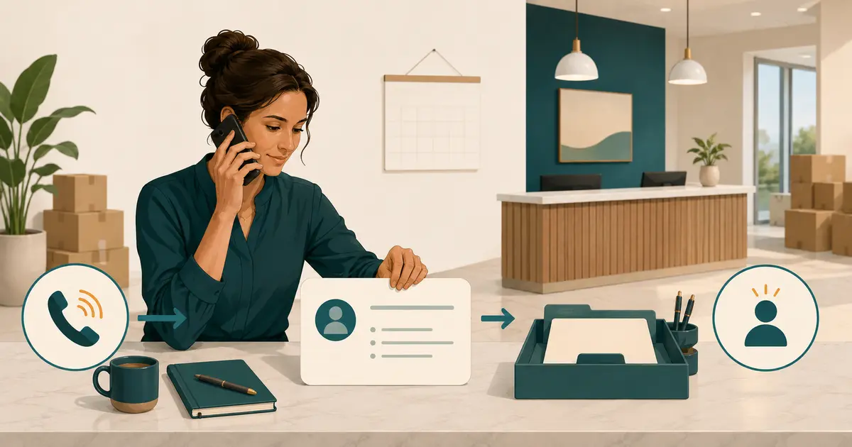 Future dental practice owner maps an incoming new-patient call into a minimal intake card and owned front-desk handoff.