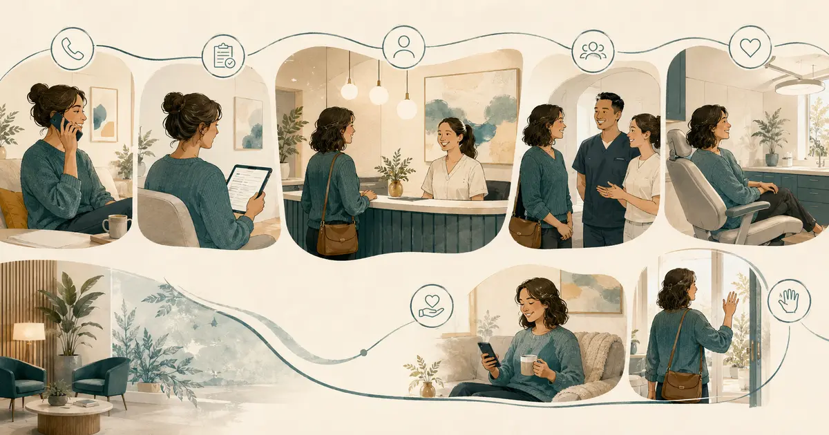 New dental patient journey moves from first phone call and previsit forms to welcome, clinical handoff, checkout, and follow-up.
