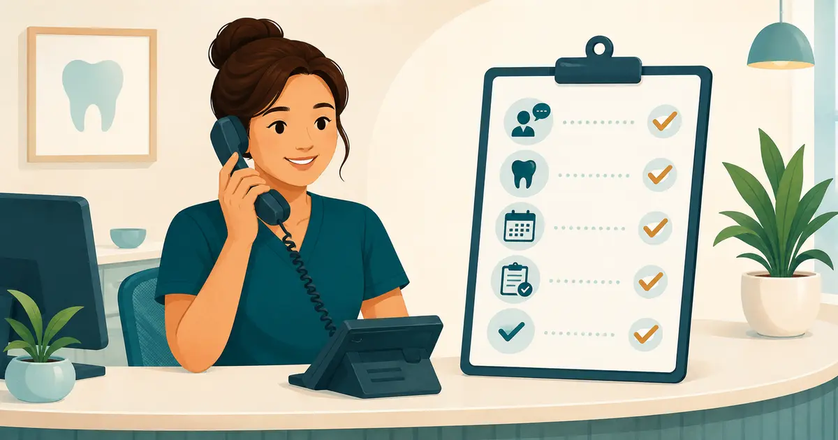 Dental receptionist using a five-step intake checklist while speaking with a new patient by phone.