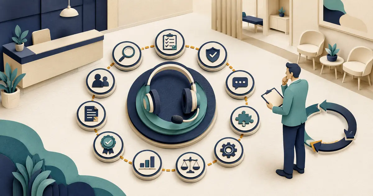 Dental manager reviews a call center across approved facts, access, scripts, escalation, handoffs, staffing, continuity, sampled quality, reporting, and corrective action.