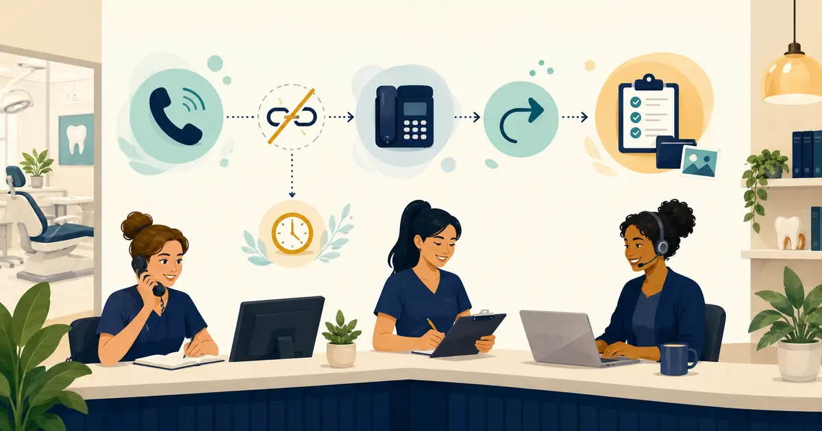 Dental front desk employee compares a phone transfer test sheet with desk phone routes and caller recovery steps.