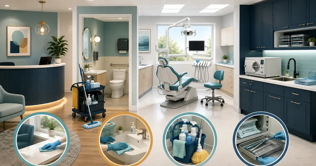 Dental team reviews a color-coded zone cleaning plan with operatory, reprocessing, reception, and restroom controls.