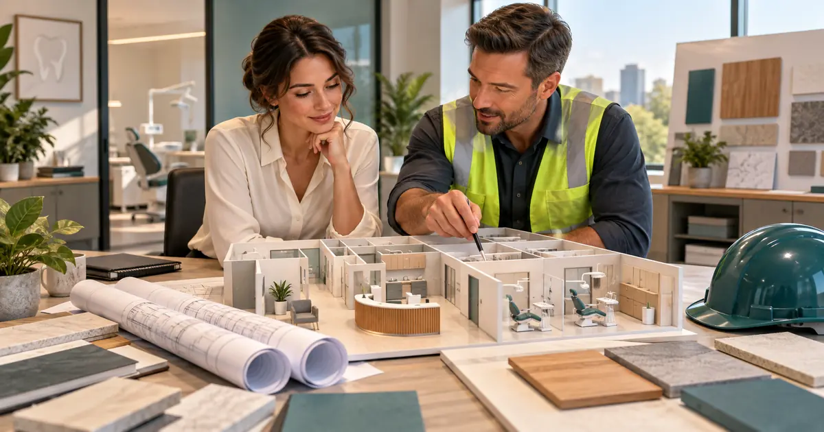 A future practice owner and contractor compare plans beside a miniature dental office.