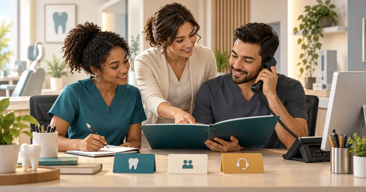 A manager coaches two dental team members using role cards and everyday office tools.