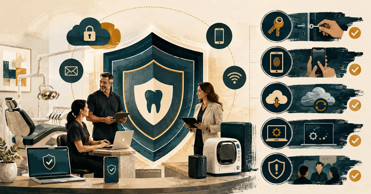 Dental practice cybersecurity checklist surrounds email, patient records, imaging, backups, vendors, access controls, and incident response.