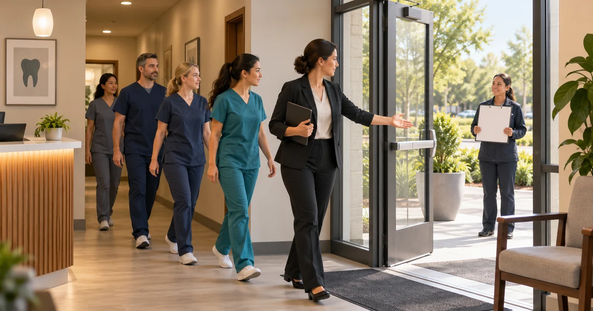 A dental team practices leaving through a clear exit toward an outdoor assembly point.