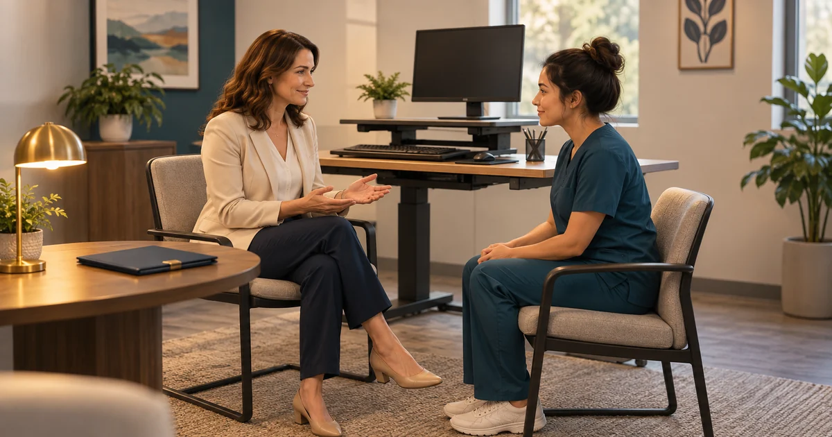 A manager and employee discuss an adjustable workstation beside a closed folder.