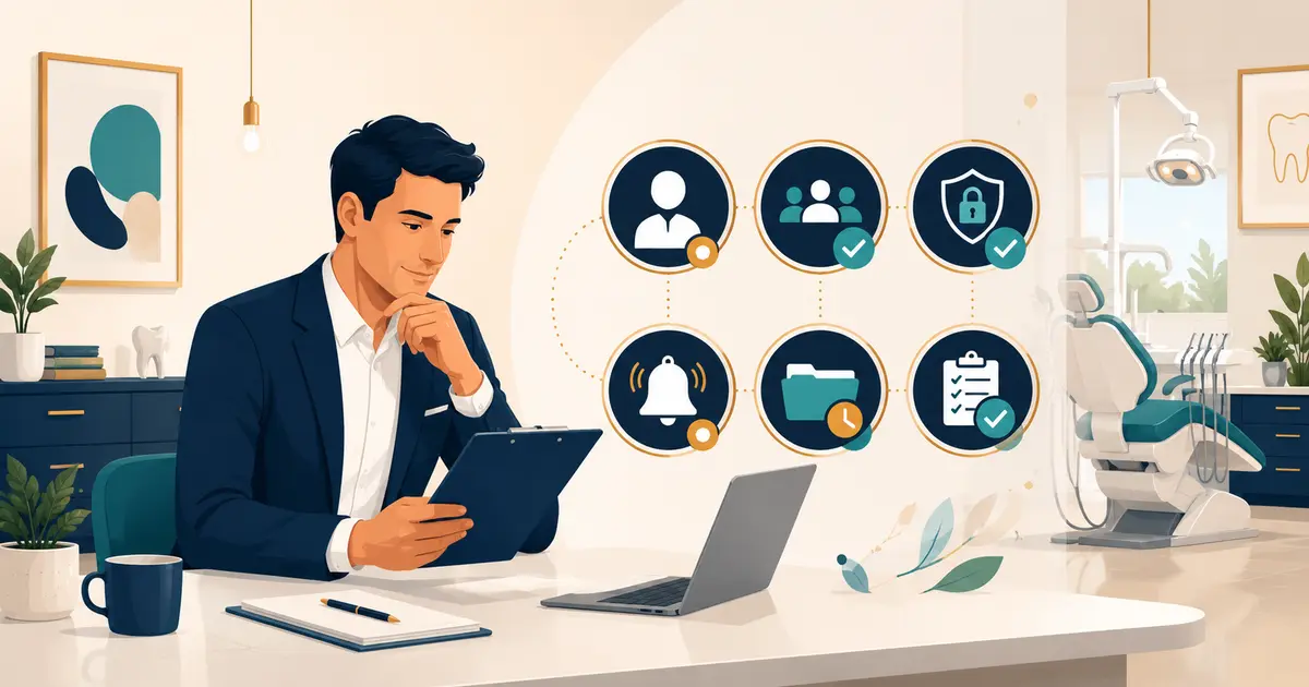Future dental practice owner reviews an employee handbook outline with a manager beside a professional reception and training area.