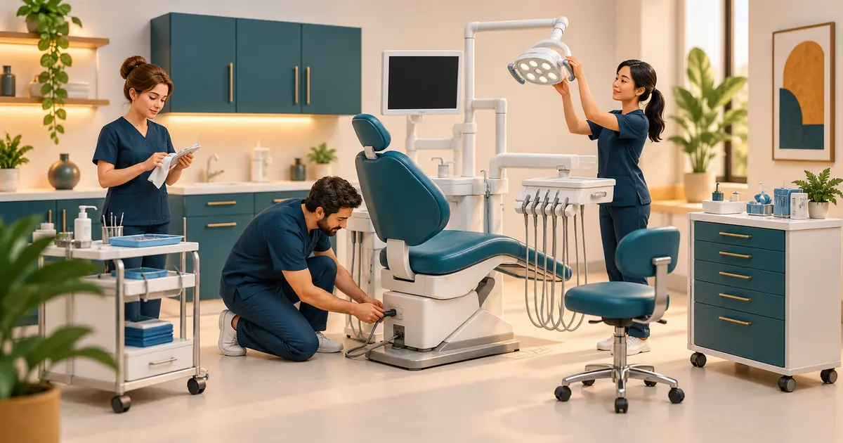 A miniature operatory with neatly arranged equipment groups and a technician checking connections.