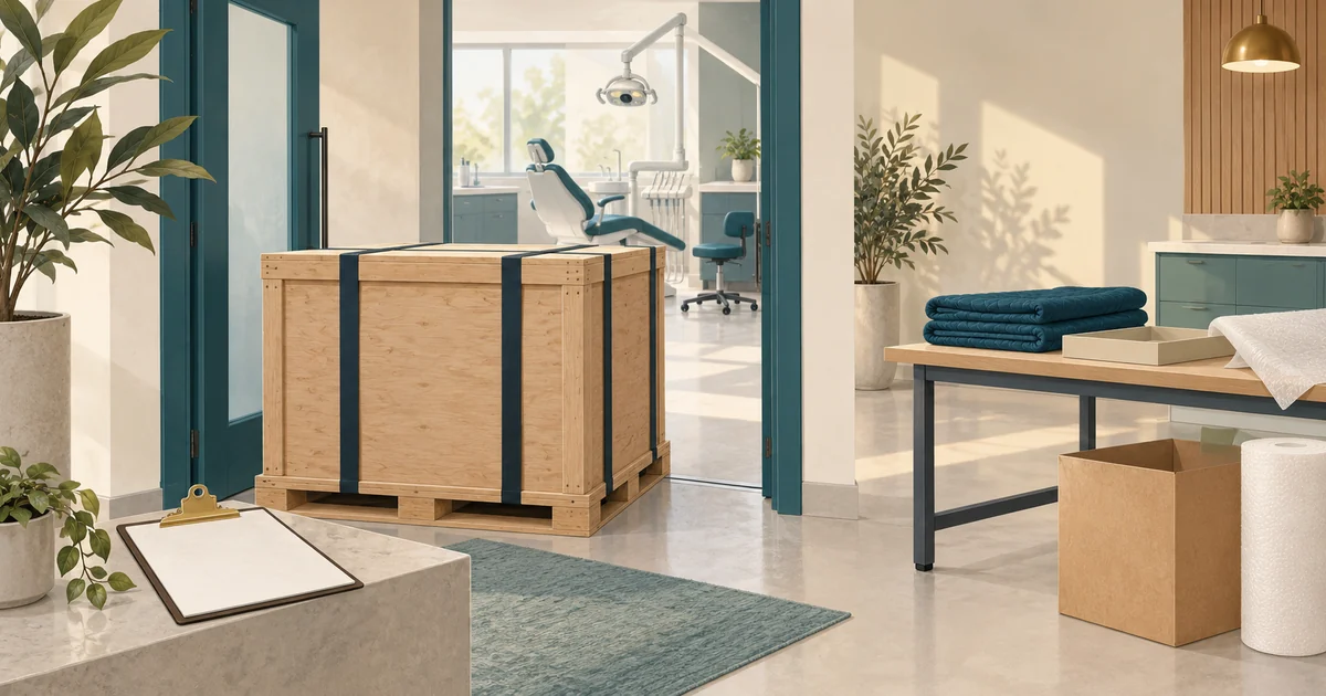 A sealed equipment crate at a new office doorway with a receiving clipboard and a separate unpacking station.