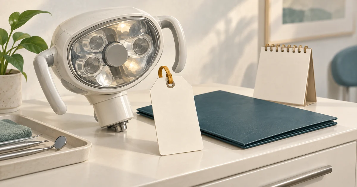 A dental equipment component beside a serial-tag-shaped blank card, warranty folder and small calendar.