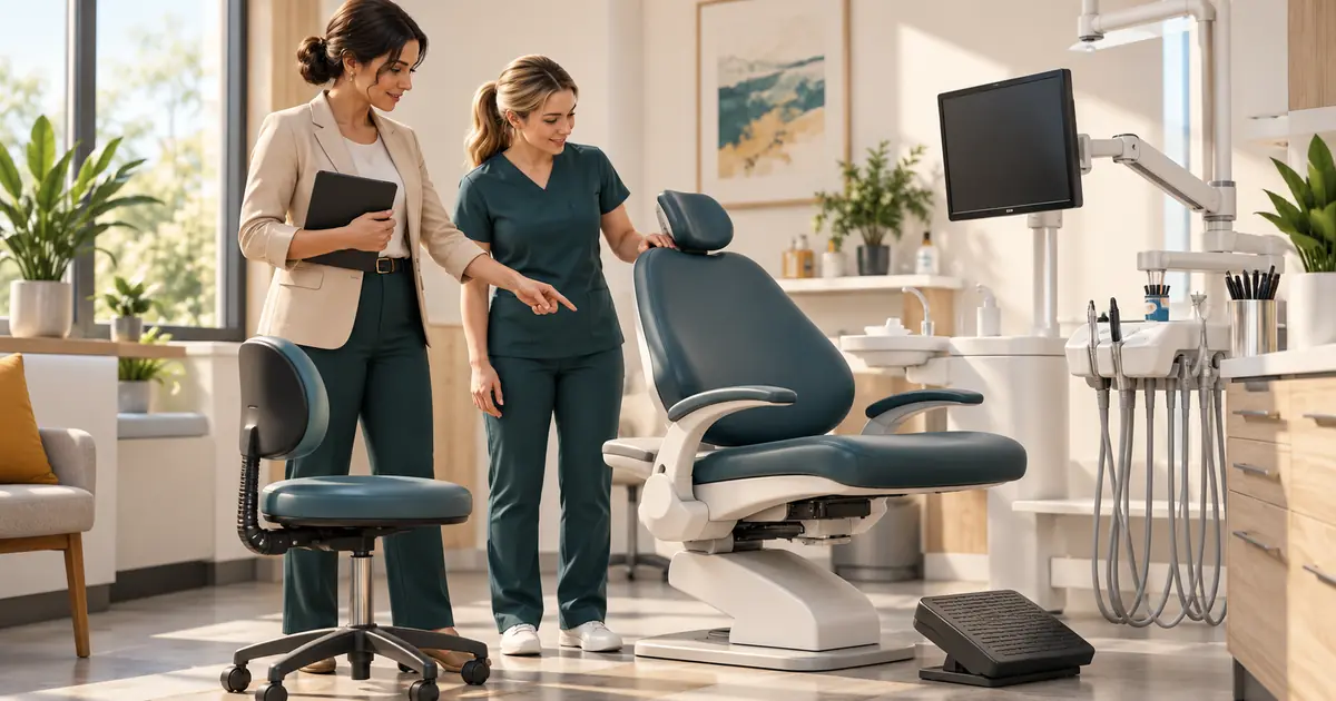 A dental team reviews an adjustable chair, stool and monitor in a treatment room.