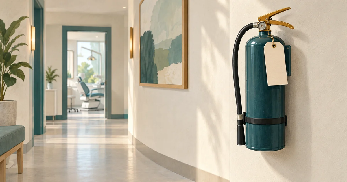 A wall-mounted fire extinguisher beside an unmarked inspection card in a calm dental office corridor.