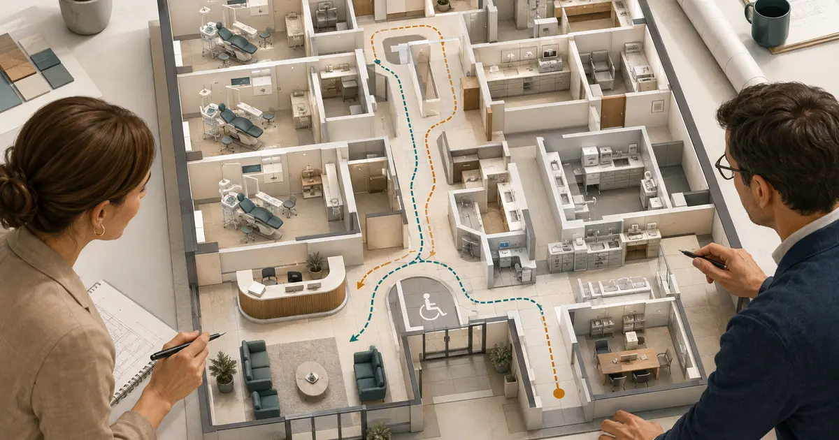 Architect and future practice owner compare patient, staff, supply, and waste routes on a dental office floor plan.
