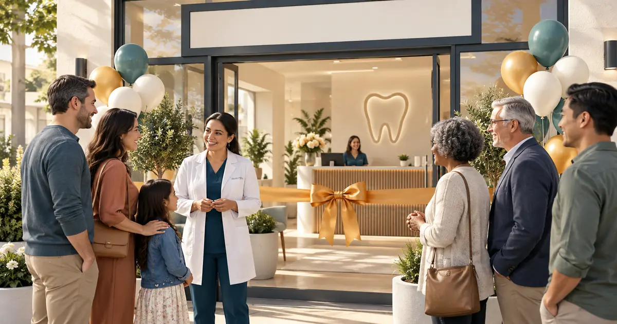 A welcoming dental office entrance is prepared with a simple amber ribbon.