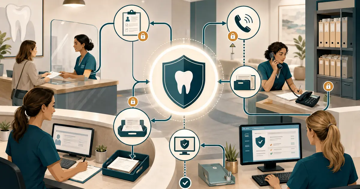 Front desk coordinator checks a privacy workflow beside a locked screen and organized patient request folder.