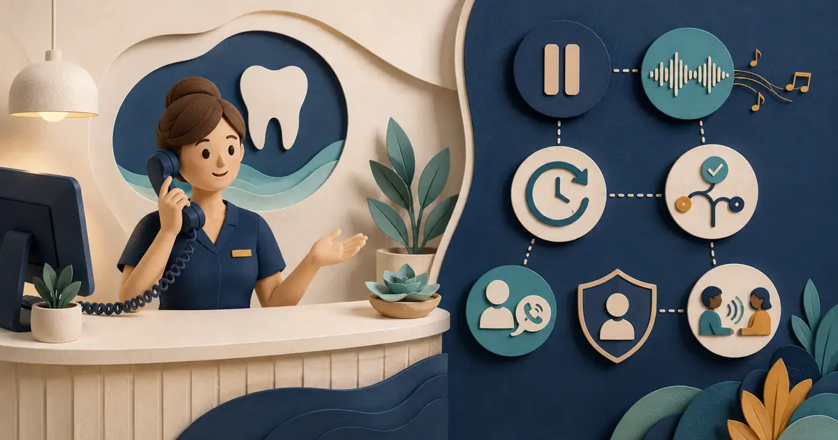 Dental receptionist asks permission before placing a caller on hold and returns with an update and callback option.