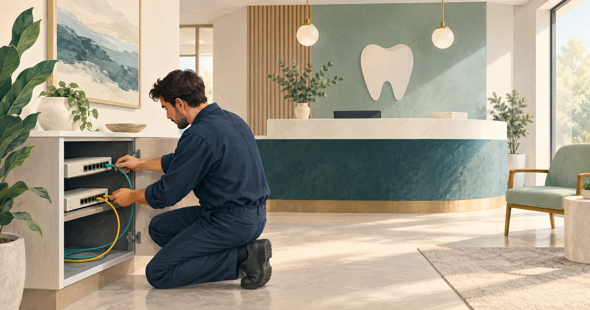 A new dental office reception with a technician aligning two distinct network connection paths.