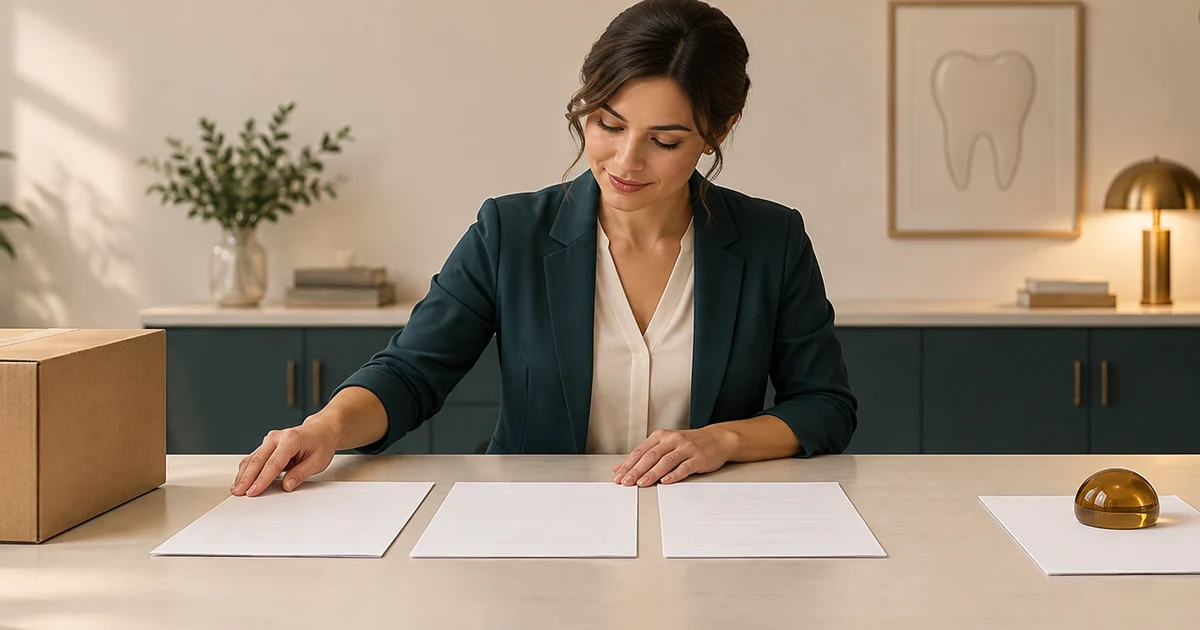A manager compares three documents and keeps another page under an amber paperweight.
