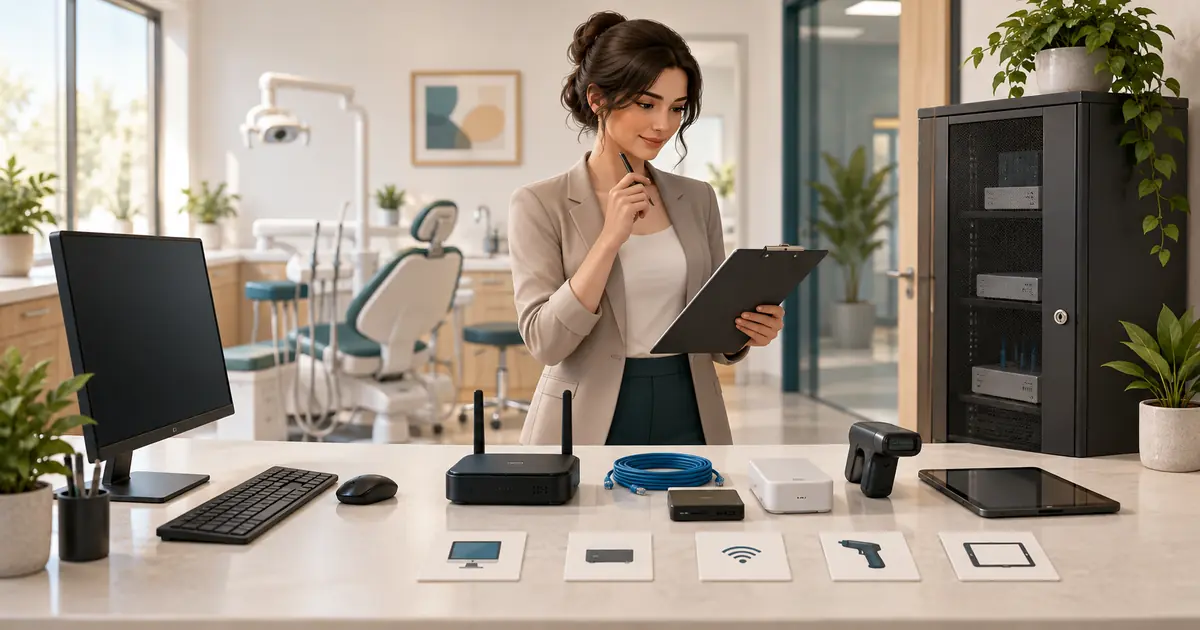 A future owner reviews office computers, a router and a small secured equipment cabinet.